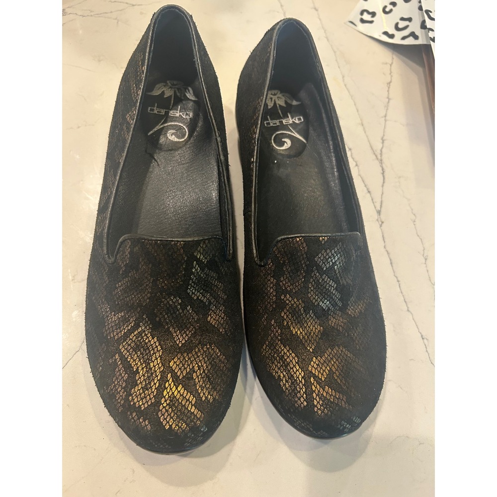 Dansko Loafers Black Bronze Snakeskin Embossed Suede Slip On Comfort Shoes 40